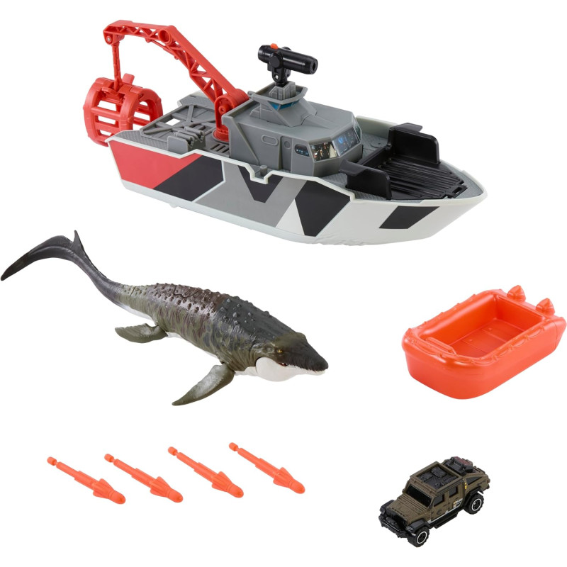 Рятувальний човен з динозавром Мозозавром Mattel Matchbox Jurassic World  Dino Boat with Mosasaurus JGG61