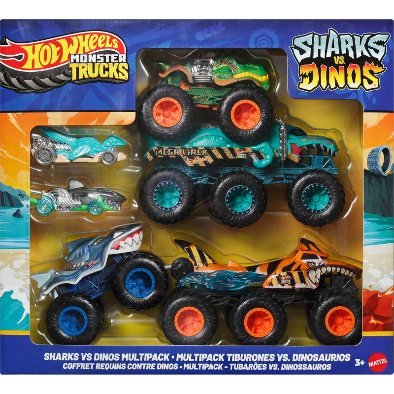 Іграшкові машинки та вантажівки монстри Hot Wheels Cars Monster Trucks Sharks vs Dinos Multipack JGD68
